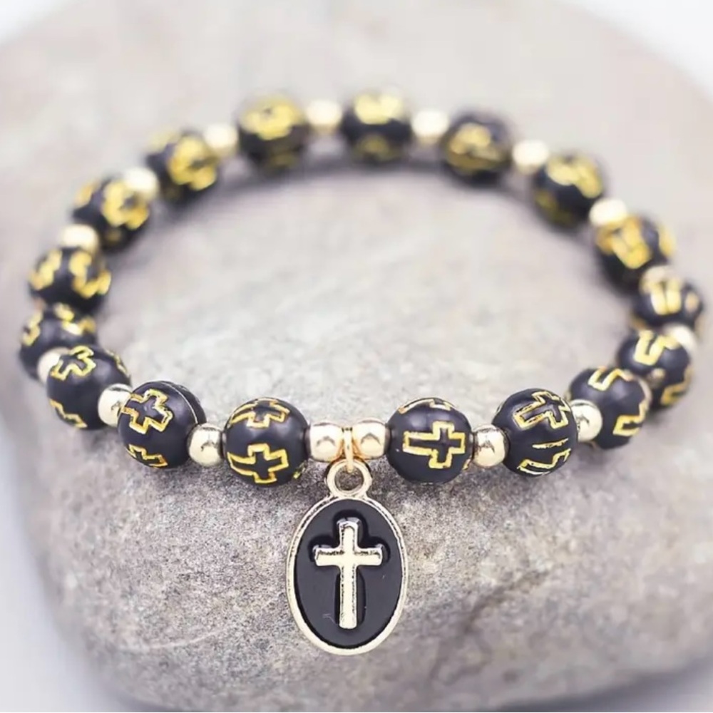 Elegant Black and Gold Beaded Bracelet with Cross Charm